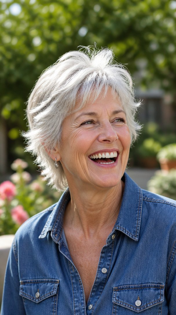 Woman over 60 with thick silver hair in a textured layered pixie with feathered ends