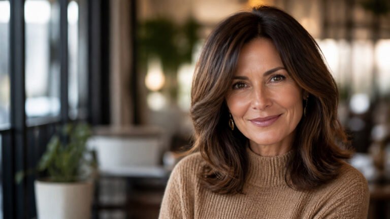 Woman over 50 with thick glossy shoulder-length brunette hair cut with airy layers