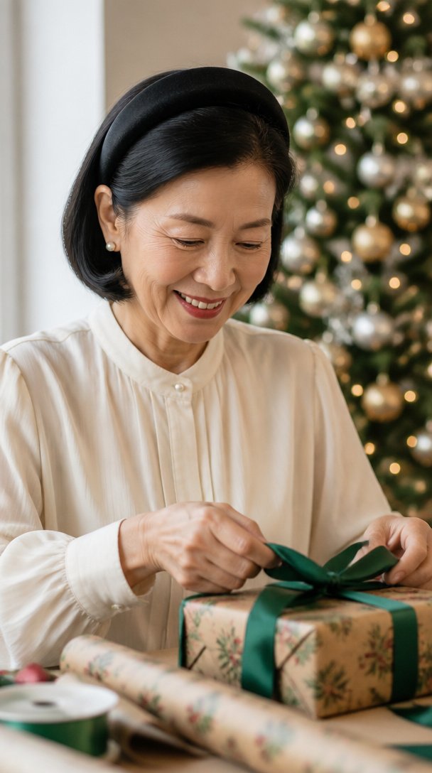 East Asian woman over 50 with a black bob and padded velvet headband wrapping a Christmas gift