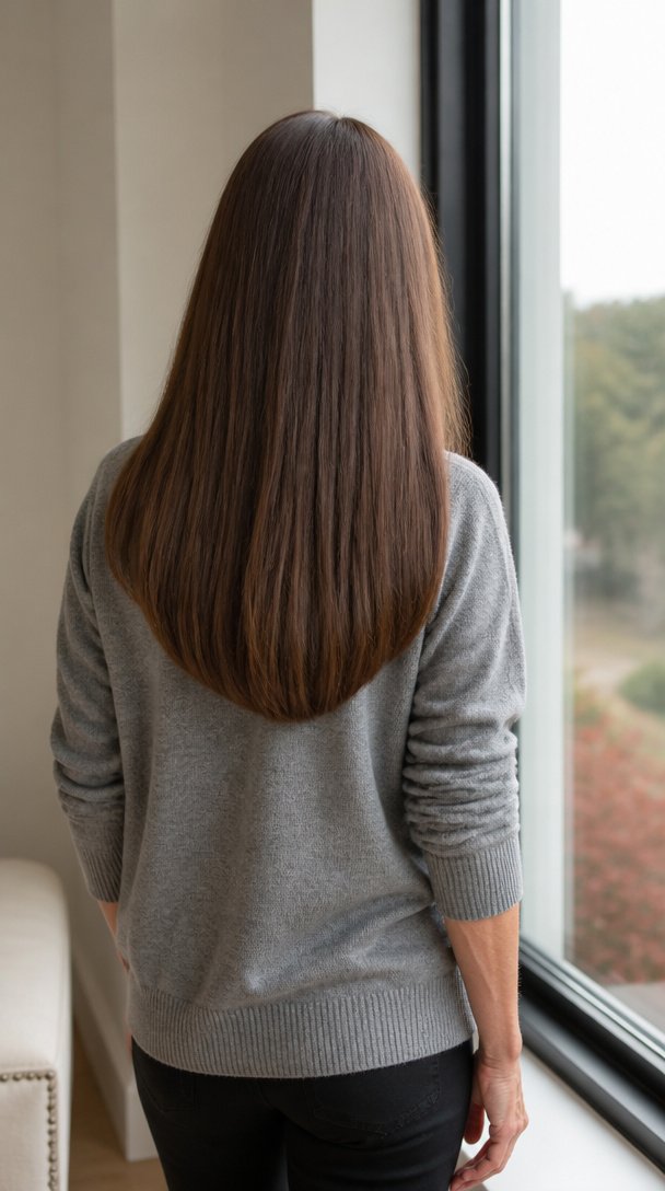Back view of a woman over 50 with long straight hair cut in a soft U-shaped hemline