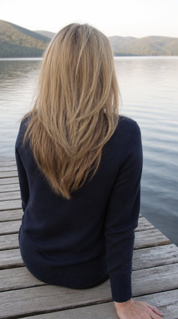 Back view of a woman over 50 with long thick dark blonde hair cut with V-shaped layers