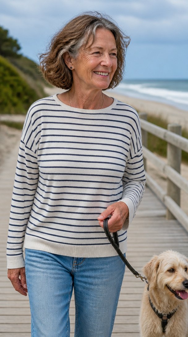 Woman over 60 with an air-dried wash-and-go bob walking a dog on a beach boardwalk